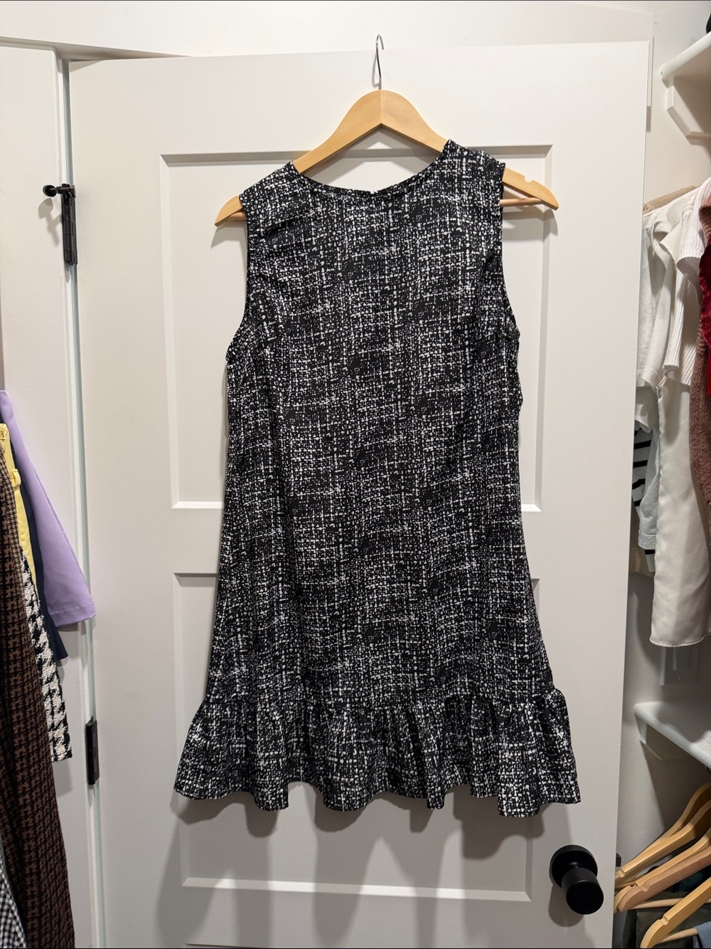 SHEIN Black & White Tweed-Print Ruffle-Hem Mini Dress